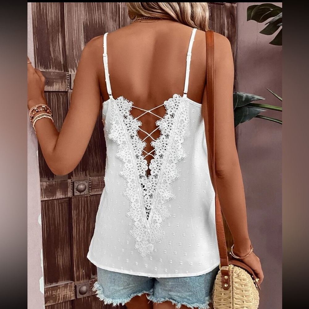 White Swiss dot lace detail cami top